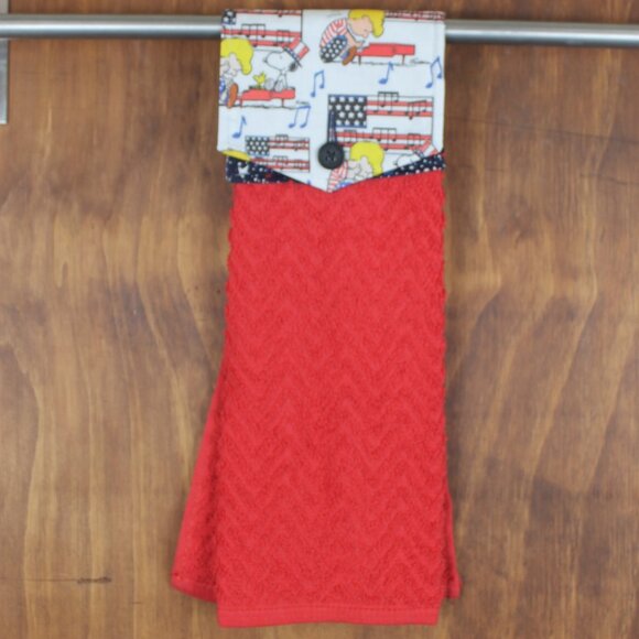 PEANUTS SNOOPY AMERICAN FLAG HAND TOWEL RED & WHITE HANDMADE HANGING KITCHEN - Picture 4 of 4